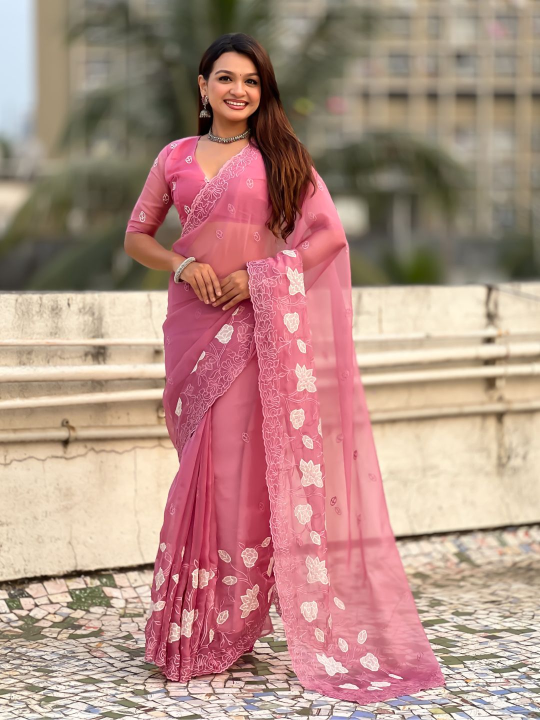Pink Soft Chanda Kora Silk with Floral Embroidery Designer Saree