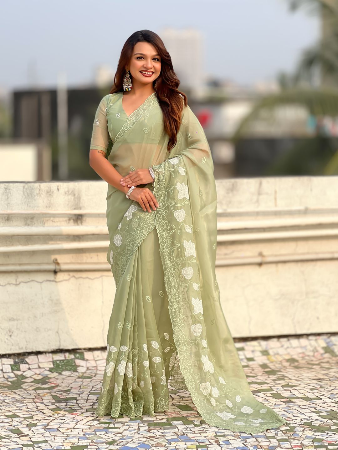 Pista Green Soft Chanda Kora Silk with Floral Embroidery Designer Saree