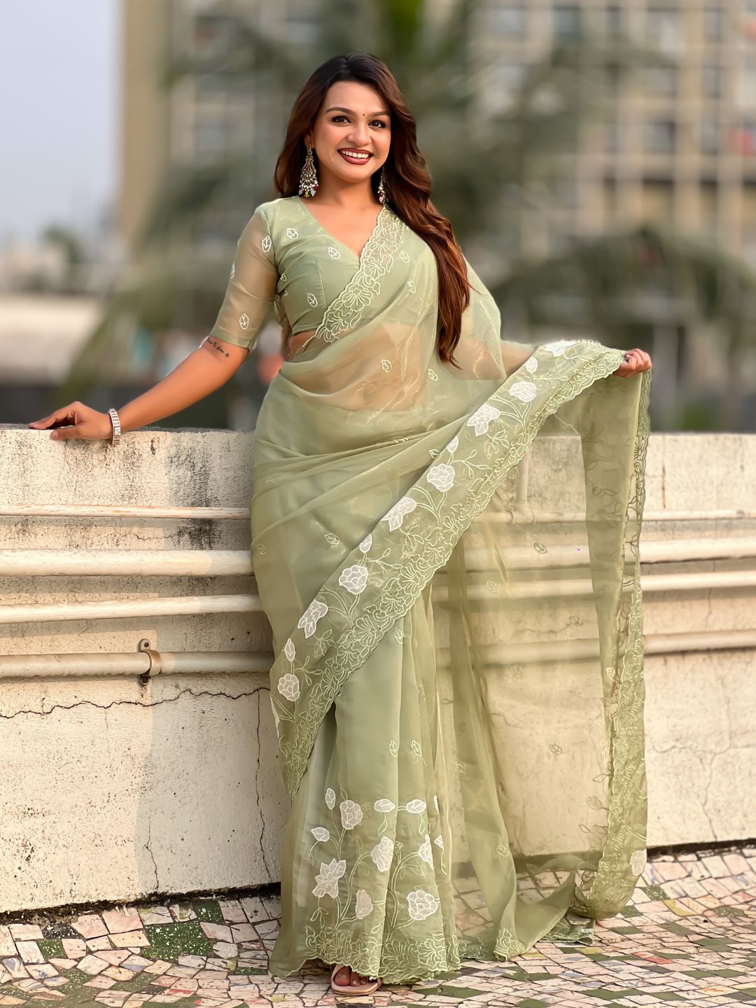 Pista Green Soft Chanda Kora Silk with Floral Embroidery Designer Saree