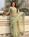Pista Green Soft Chanda Kora Silk with Floral Embroidery Designer Saree