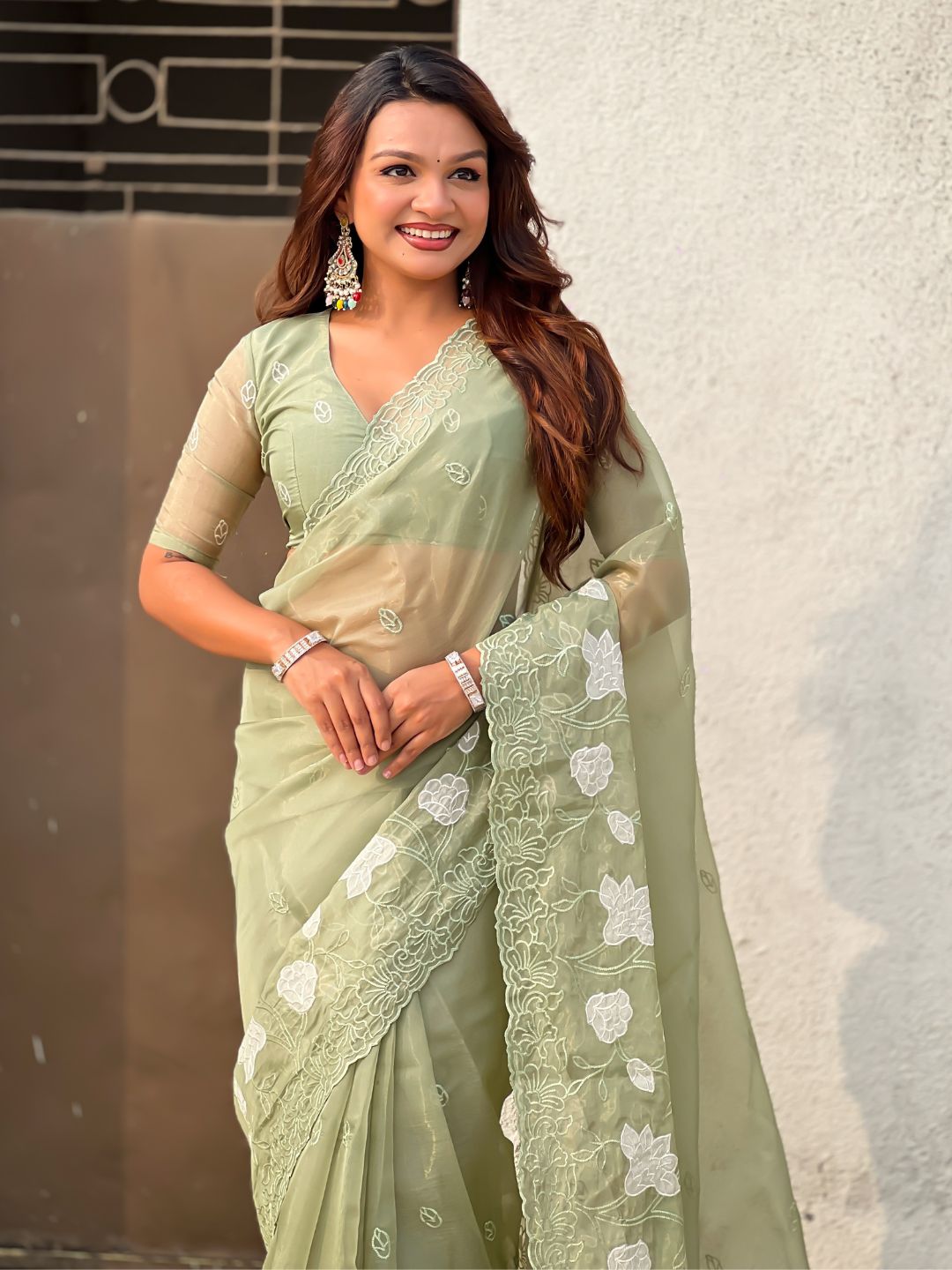 Pista Green Soft Chanda Kora Silk with Floral Embroidery Designer Saree