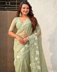 Pista Green Soft Chanda Kora Silk with Floral Embroidery Designer Saree