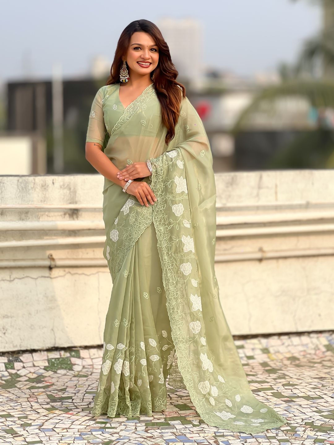 Pista Green Soft Chanda Kora Silk with Floral Embroidery Designer Saree