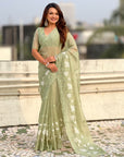 Pista Green Soft Chanda Kora Silk with Floral Embroidery Designer Saree