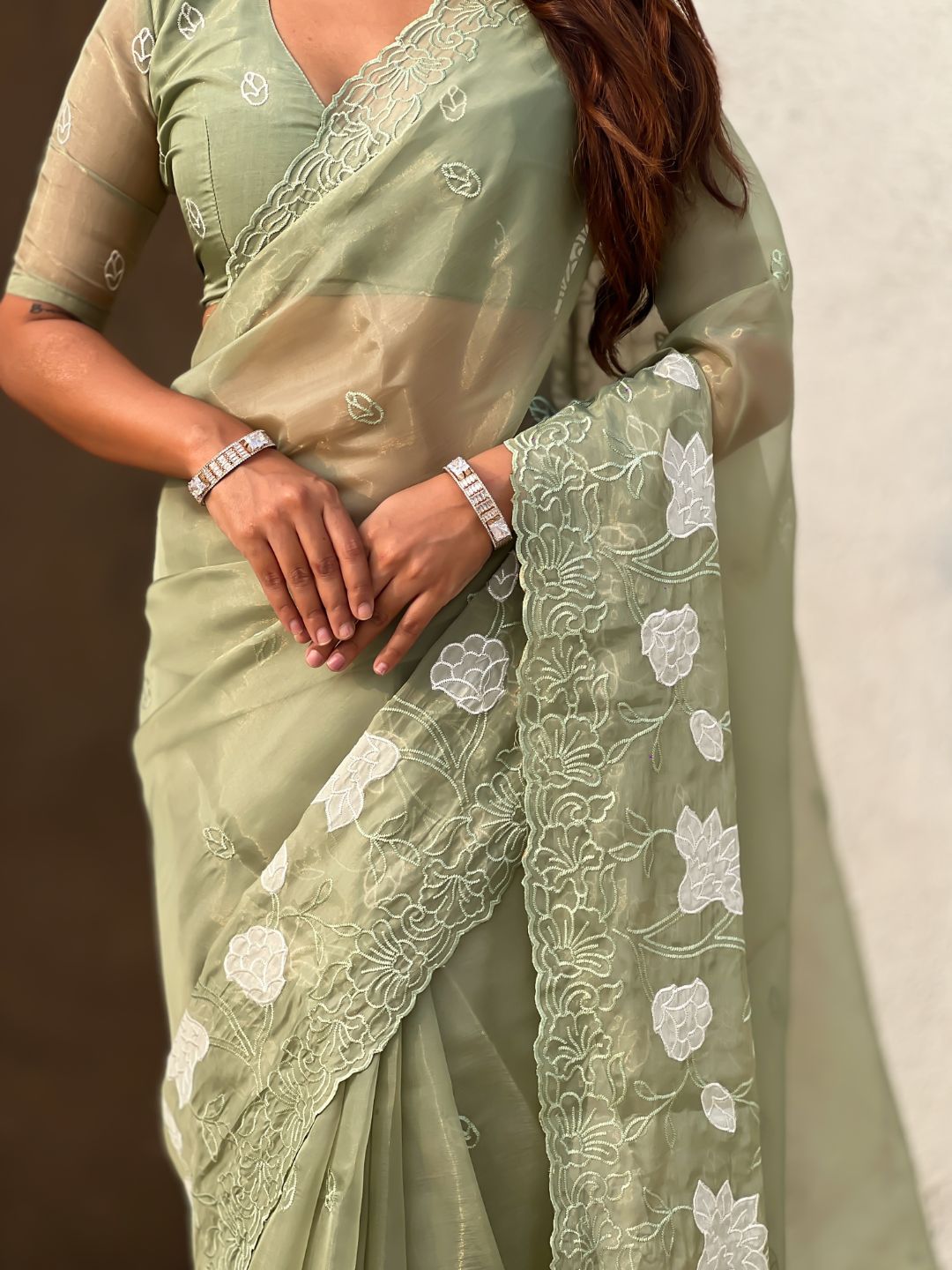 Pista Green Soft Chanda Kora Silk with Floral Embroidery Designer Saree
