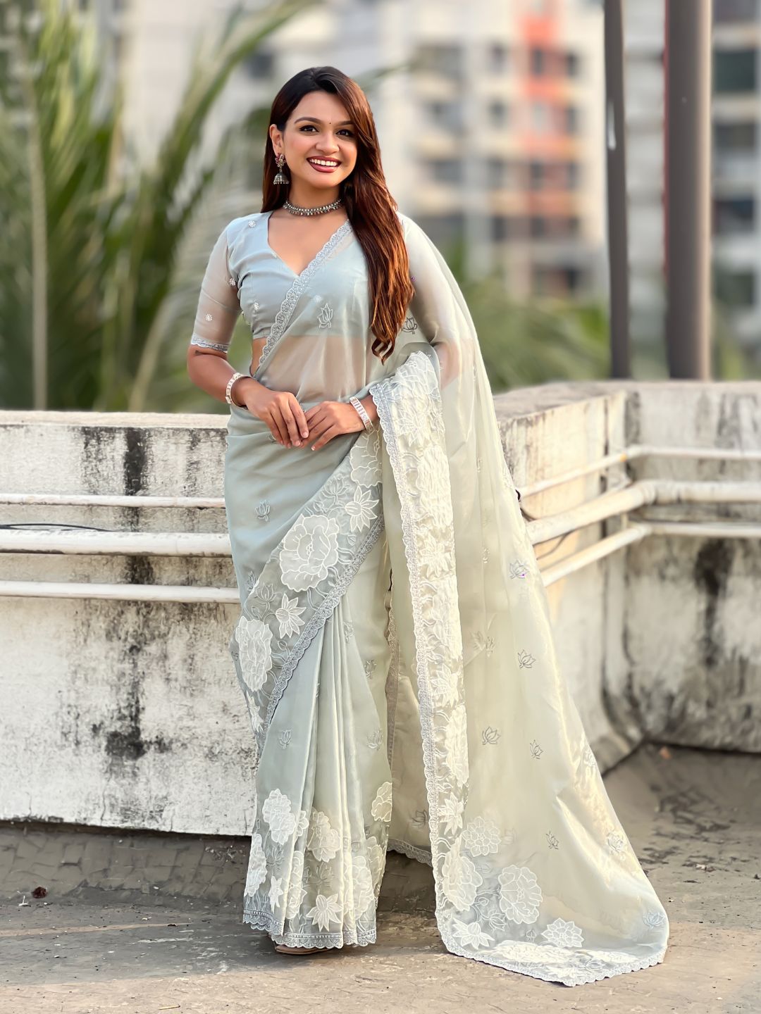 Sky Blue Soft Oris Silk with Patch Embroidery Work Designer Saree