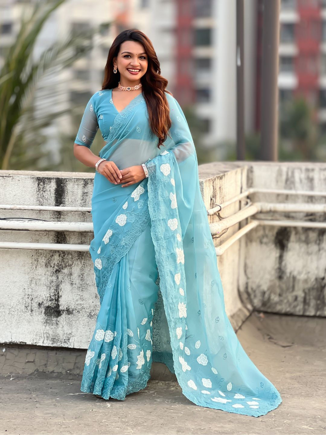 Sky Blue Soft Chanda Kora Silk with Floral Embroidery Designer Saree