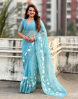 Sky Blue Soft Chanda Kora Silk with Floral Embroidery Designer Saree