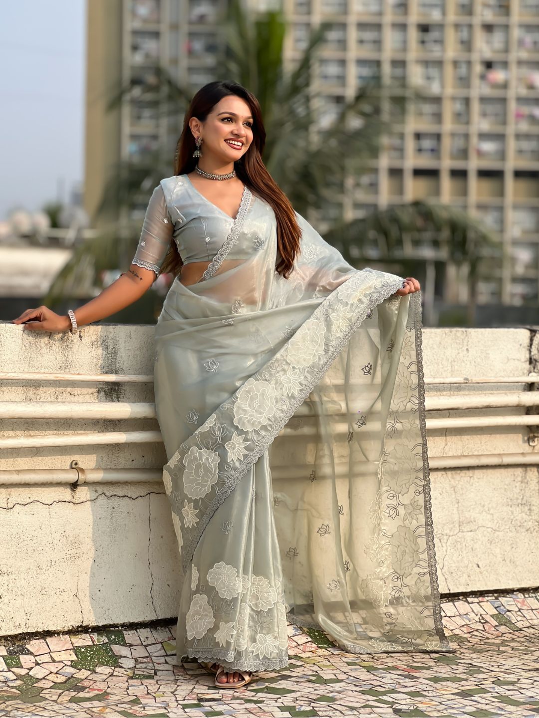 Sky Blue Soft Oris Silk with Patch Embroidery Work Designer Saree