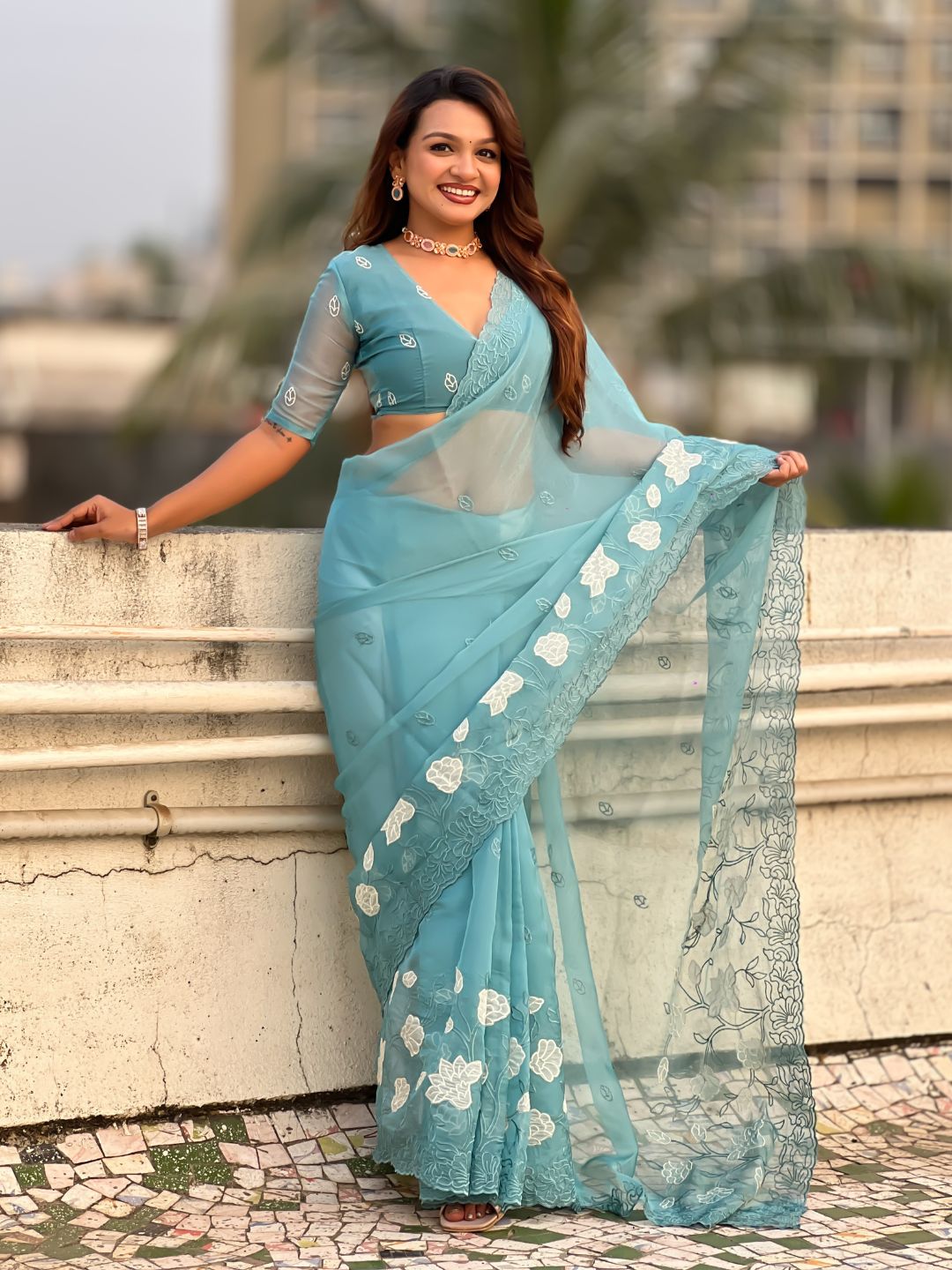 Sky Blue Soft Chanda Kora Silk with Floral Embroidery Designer Saree