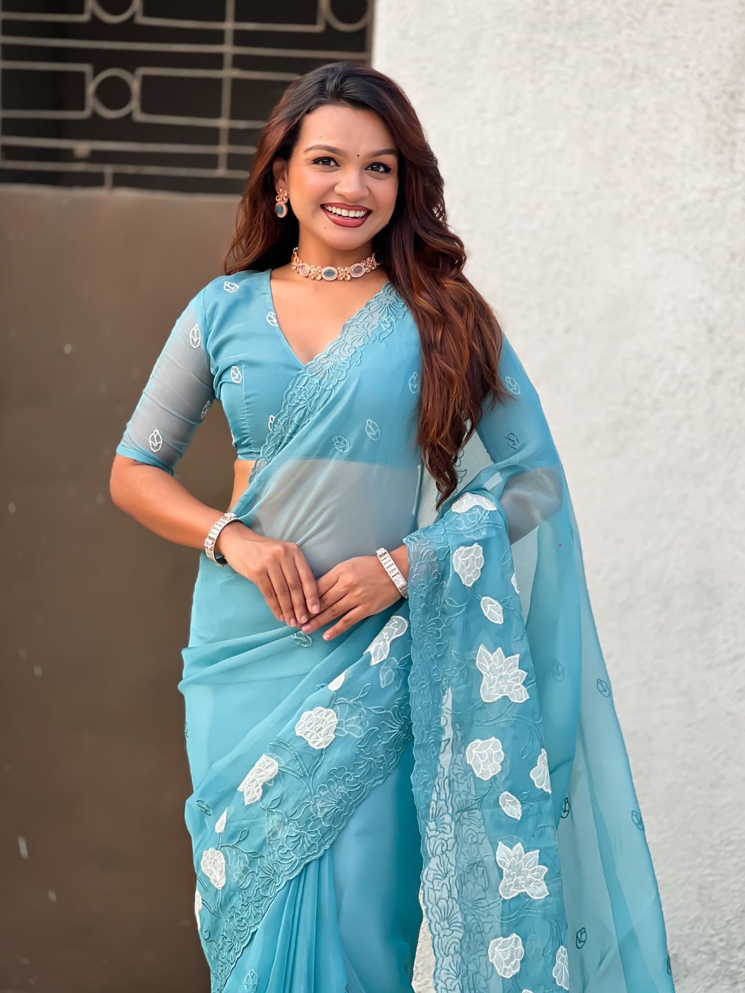 Sky Blue Soft Chanda Kora Silk with Floral Embroidery Designer Saree