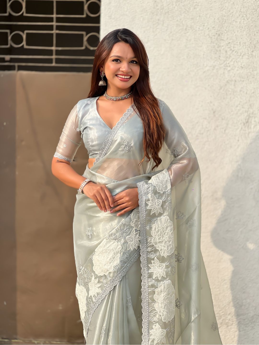 Sky Blue Soft Oris Silk with Patch Embroidery Work Designer Saree