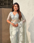 Sky Blue Soft Oris Silk with Patch Embroidery Work Designer Saree