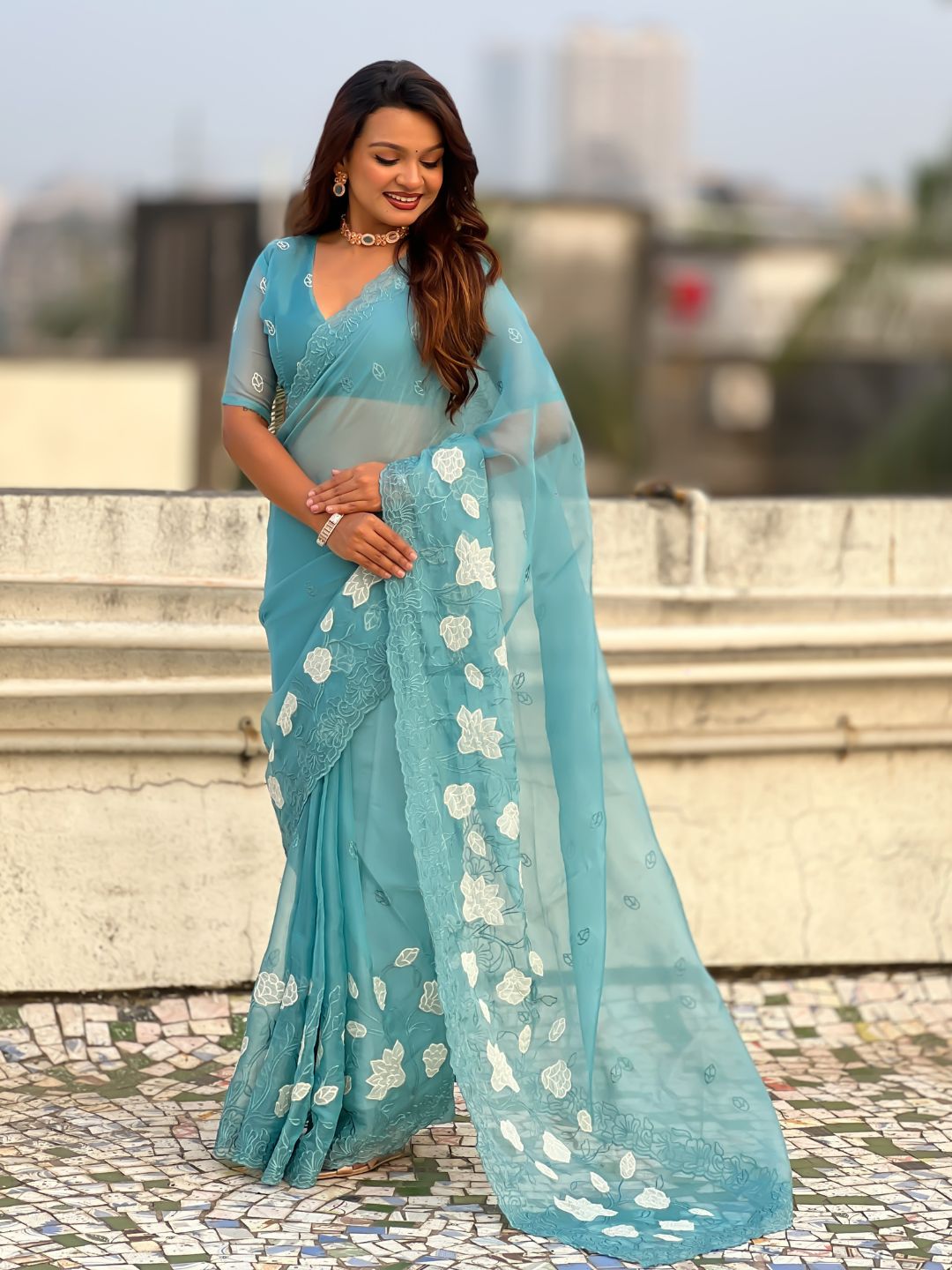 Sky Blue Soft Chanda Kora Silk with Floral Embroidery Designer Saree