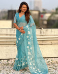 Sky Blue Soft Chanda Kora Silk with Floral Embroidery Designer Saree