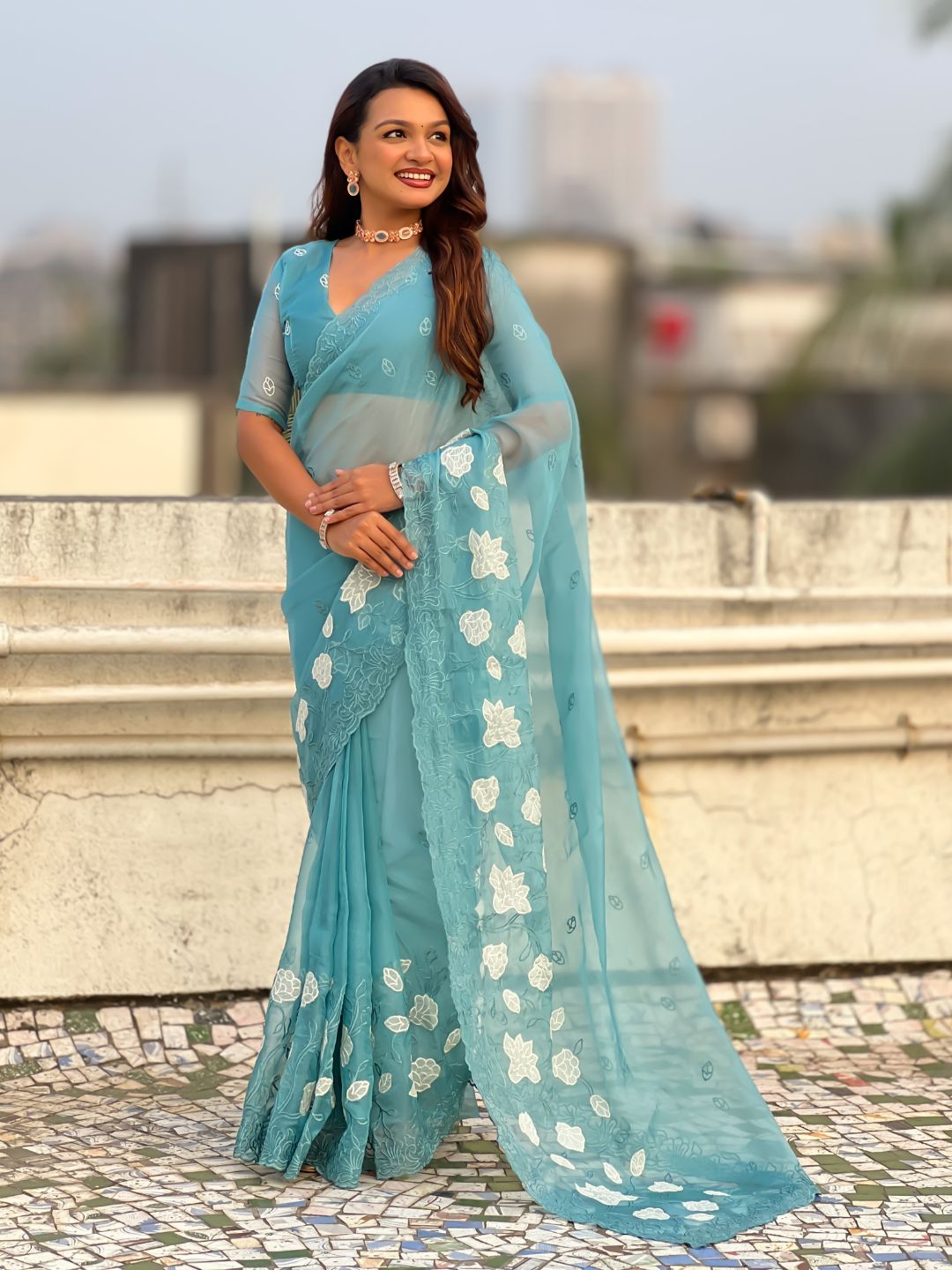 Sky Blue Soft Chanda Kora Silk with Floral Embroidery Designer Saree