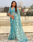 Sky Blue Soft Chanda Kora Silk with Floral Embroidery Designer Saree