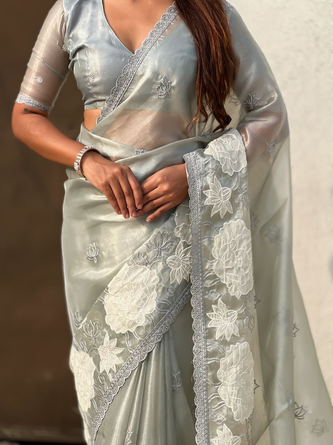 Sky Blue Soft Oris Silk with Patch Embroidery Work Designer Saree