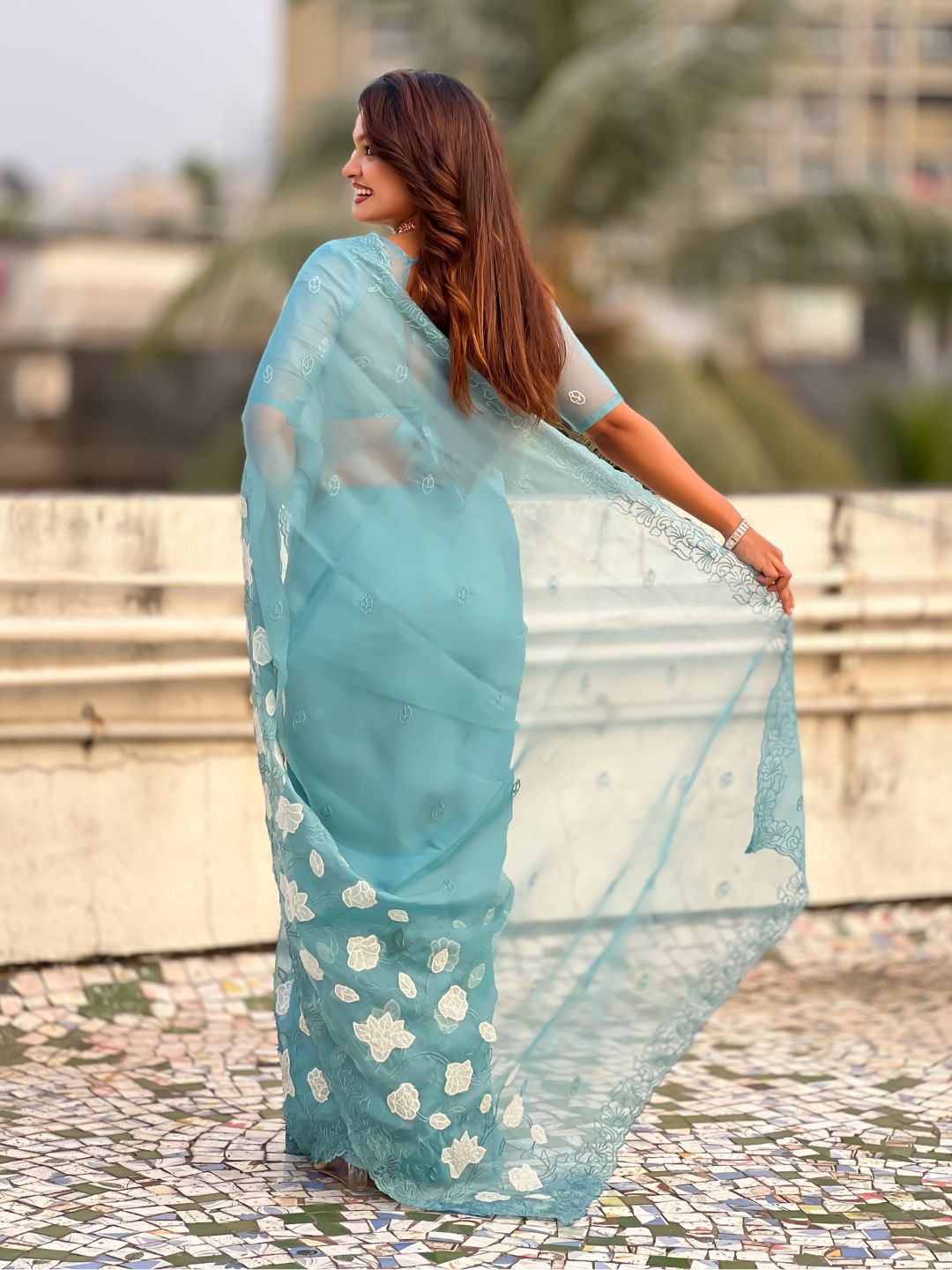 Sky Blue Soft Chanda Kora Silk with Floral Embroidery Designer Saree