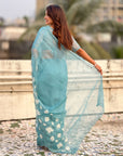 Sky Blue Soft Chanda Kora Silk with Floral Embroidery Designer Saree