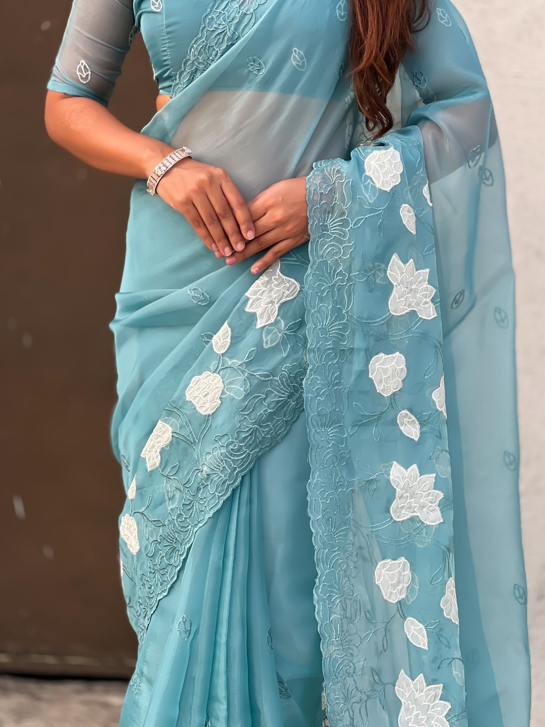 Sky Blue Soft Chanda Kora Silk with Floral Embroidery Designer Saree