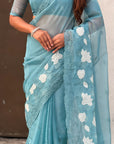 Sky Blue Soft Chanda Kora Silk with Floral Embroidery Designer Saree