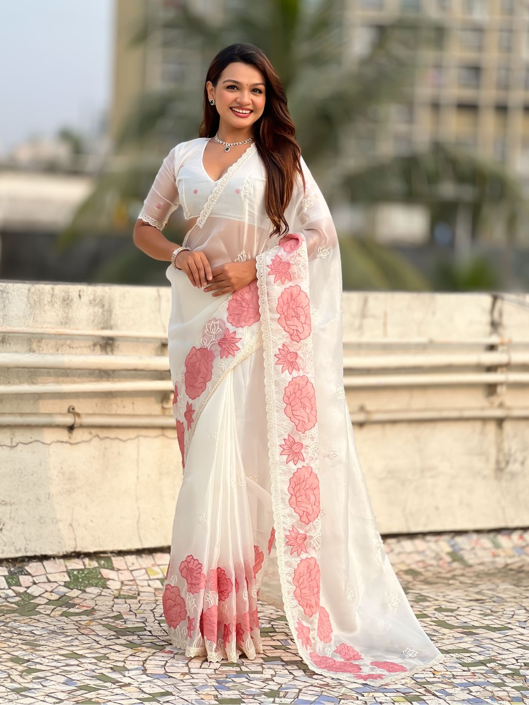 White Soft Oris Silk with Patch Embroidery Work Designer Saree
