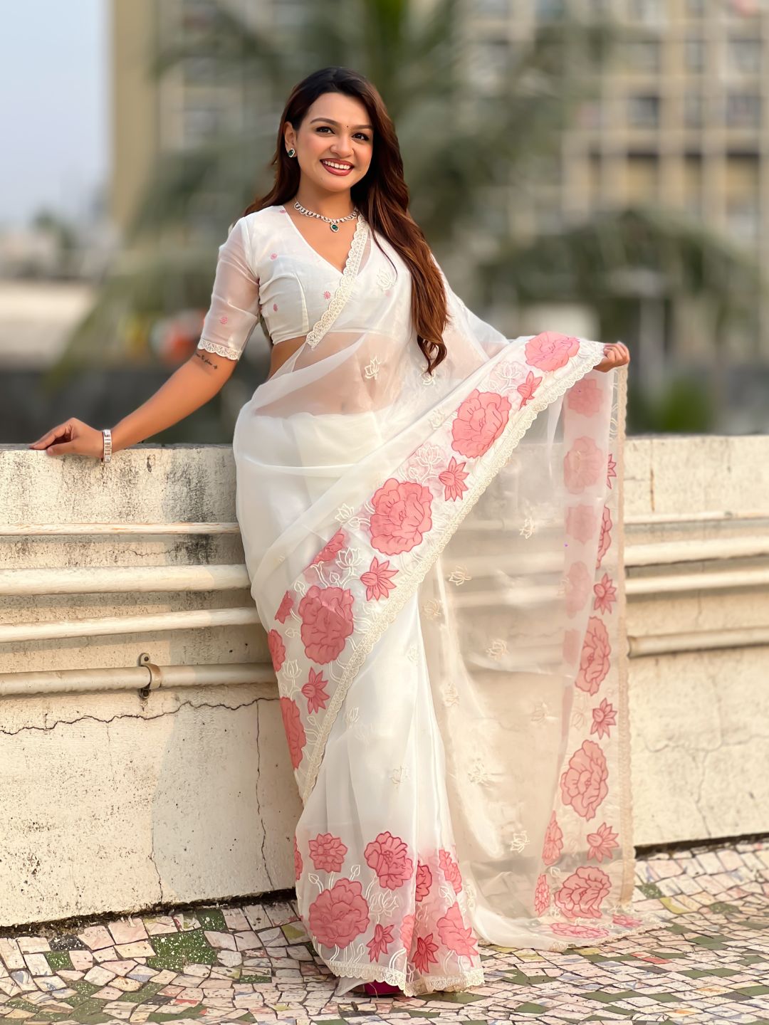 White Soft Oris Silk with Patch Embroidery Work Designer Saree