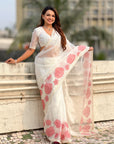 White Soft Oris Silk with Patch Embroidery Work Designer Saree