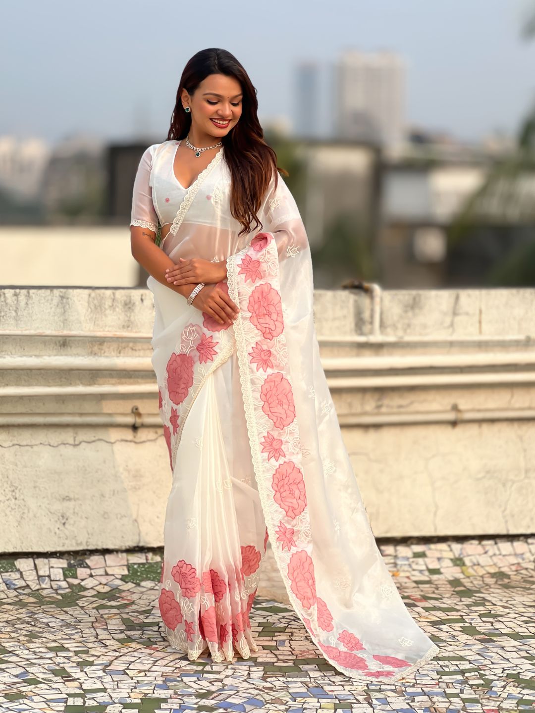 White Soft Oris Silk with Patch Embroidery Work Designer Saree