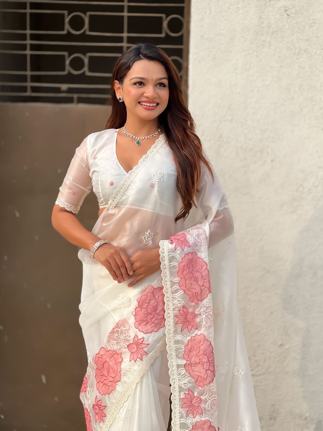 White Soft Oris Silk with Patch Embroidery Work Designer Saree