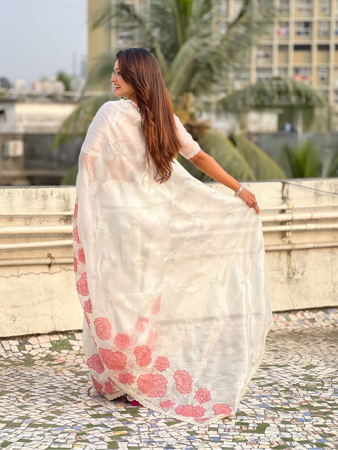 White Soft Oris Silk with Patch Embroidery Work Designer Saree