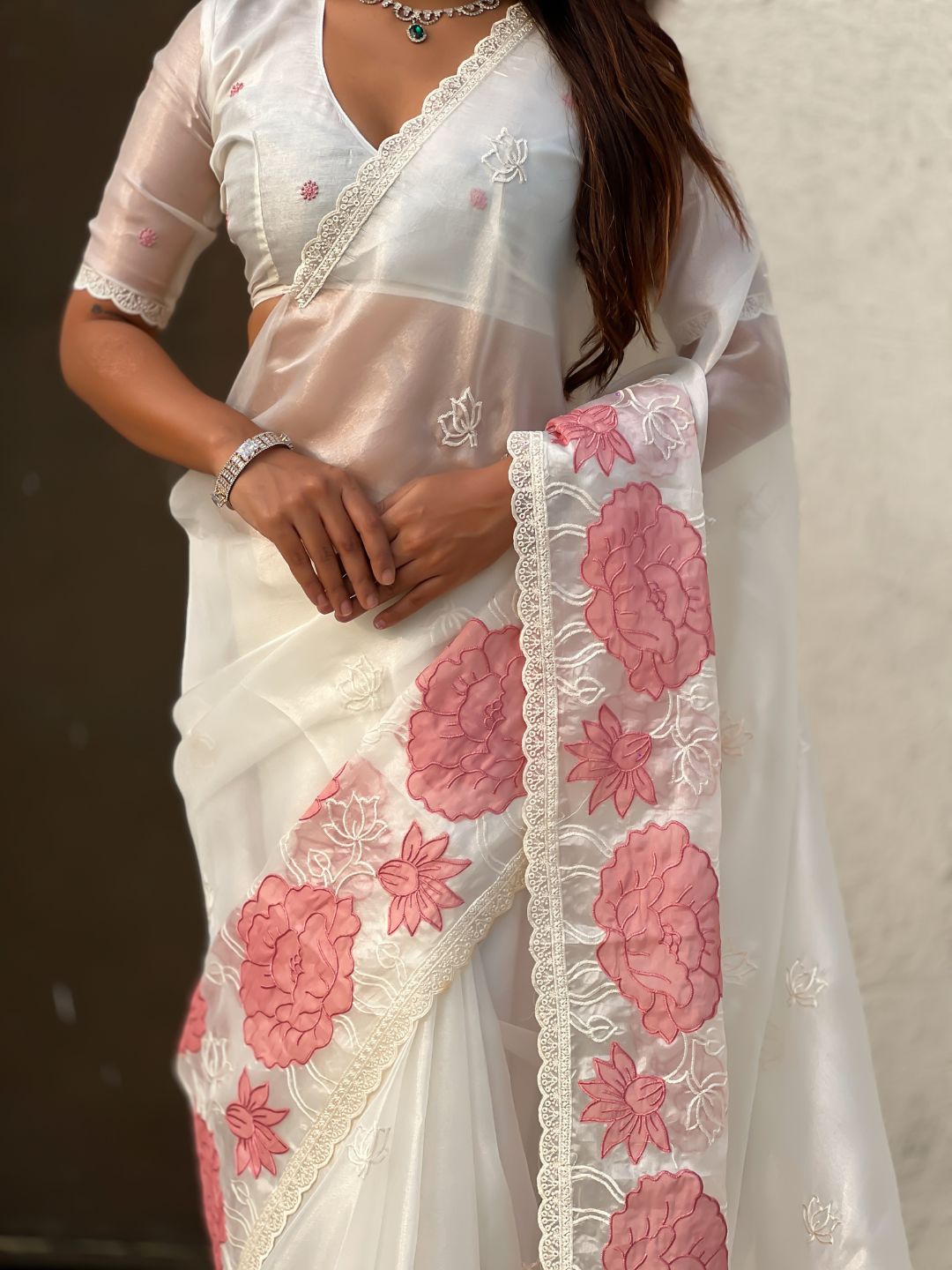 White Soft Oris Silk with Patch Embroidery Work Designer Saree
