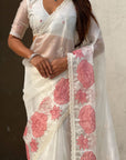 White Soft Oris Silk with Patch Embroidery Work Designer Saree