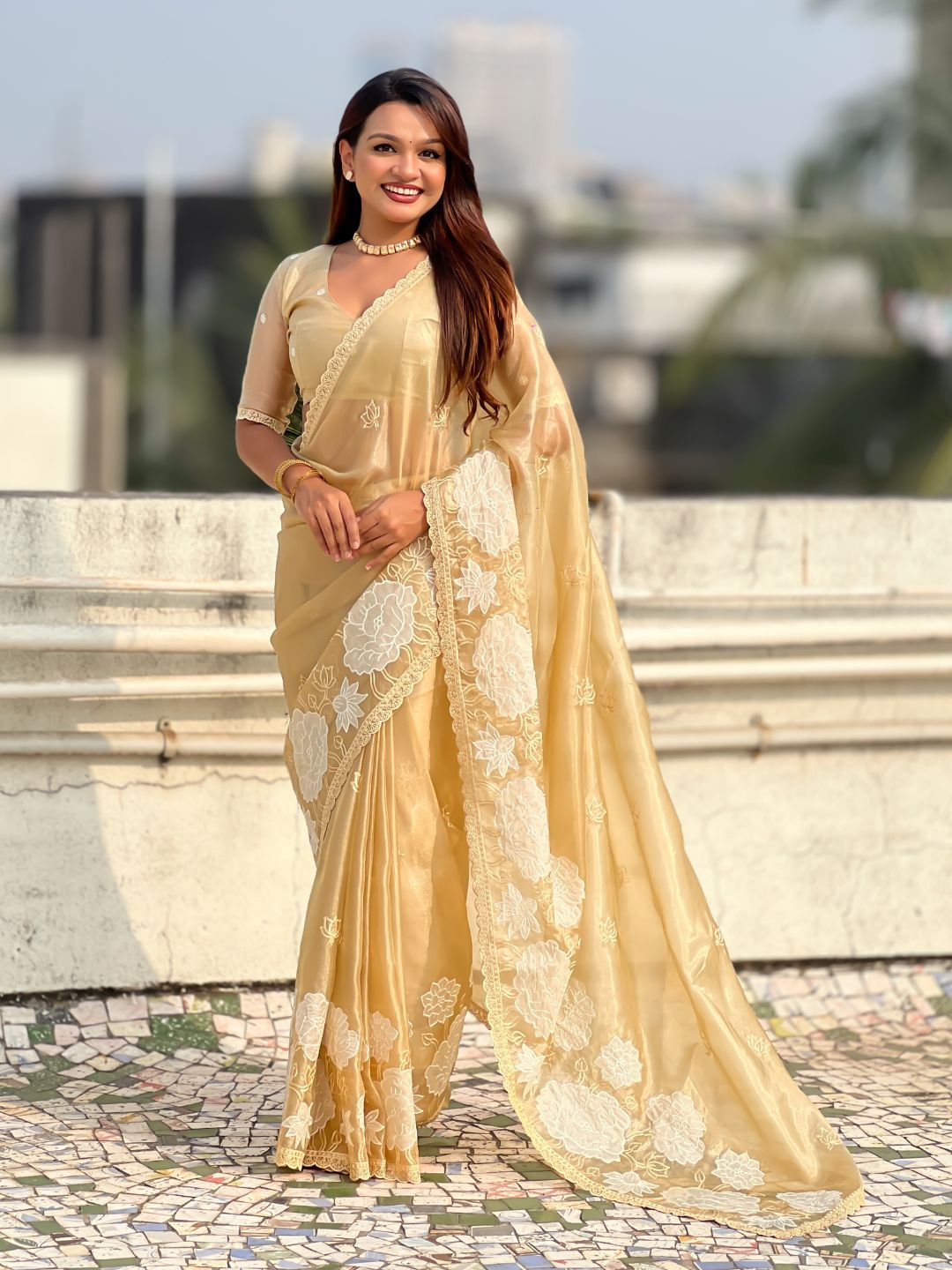 Yellow Soft Oris Silk with Patch Embroidery Work Designer Saree