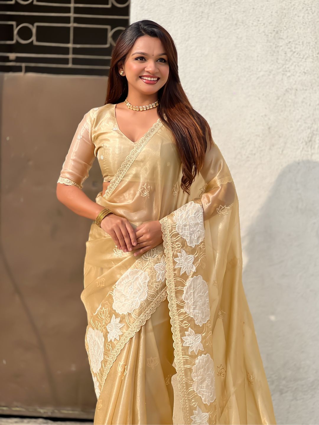 Yellow Soft Oris Silk with Patch Embroidery Work Designer Saree