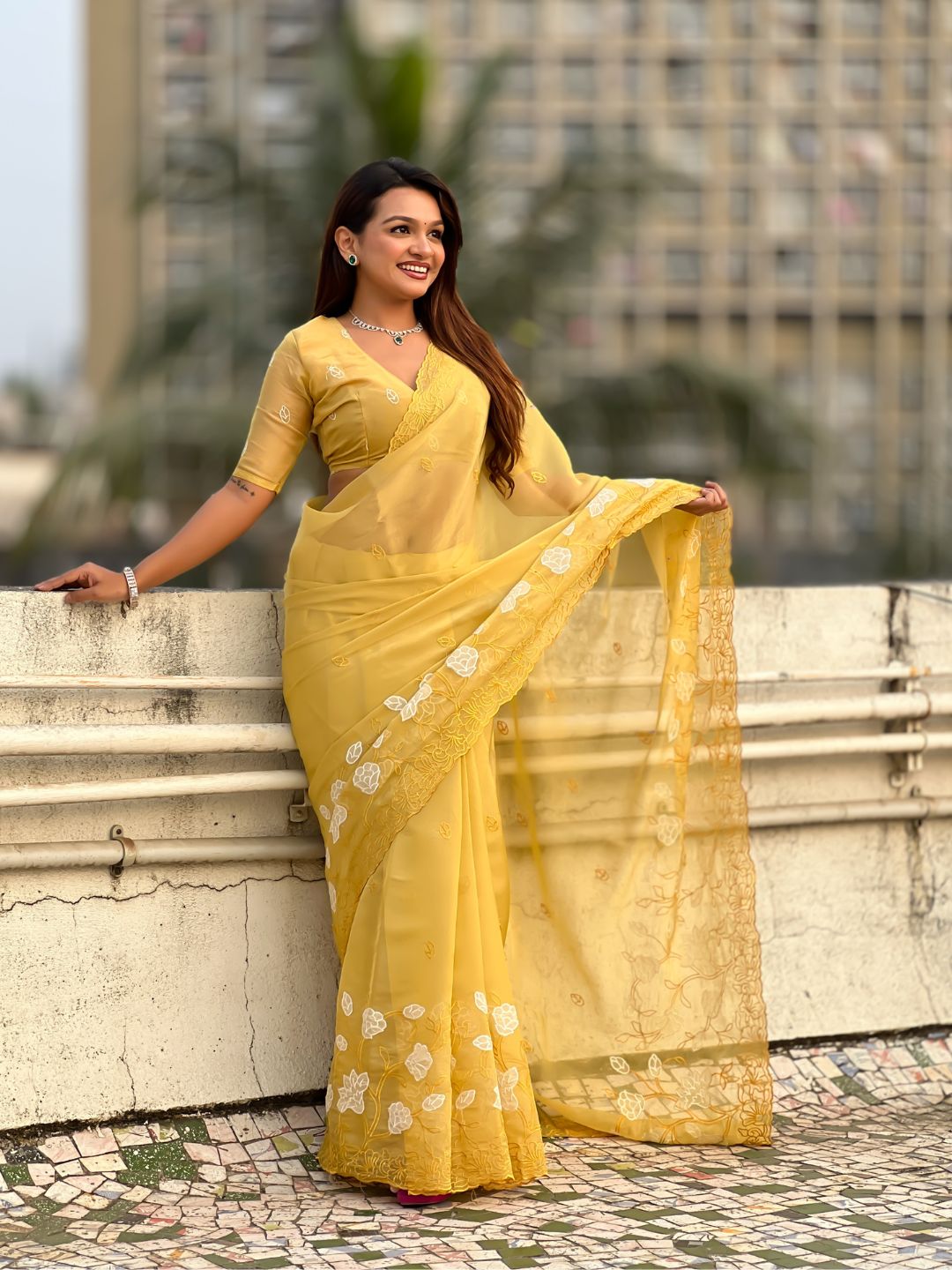 Yellow Soft Chanda Kora Silk with Floral Embroidery Designer Saree