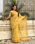 Yellow Soft Chanda Kora Silk with Floral Embroidery Designer Saree