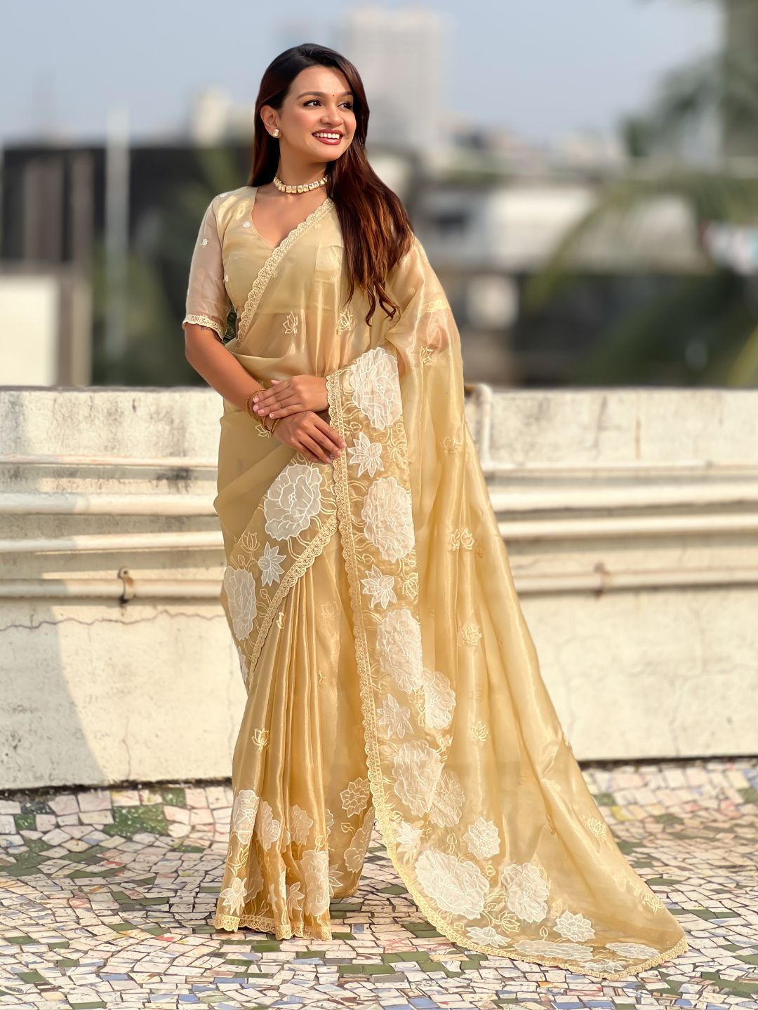 Yellow Soft Oris Silk with Patch Embroidery Work Designer Saree