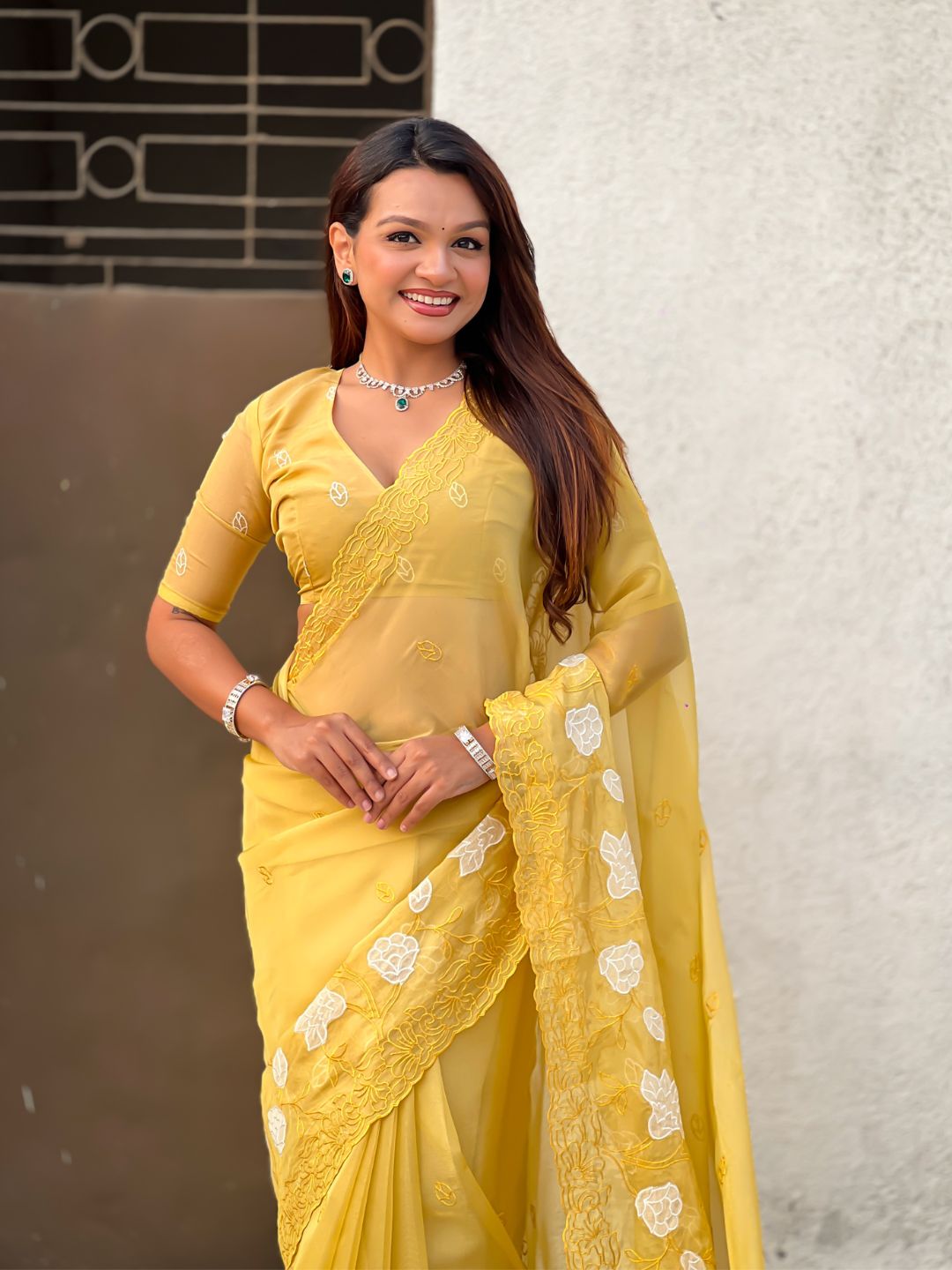 Yellow Soft Chanda Kora Silk with Floral Embroidery Designer Saree
