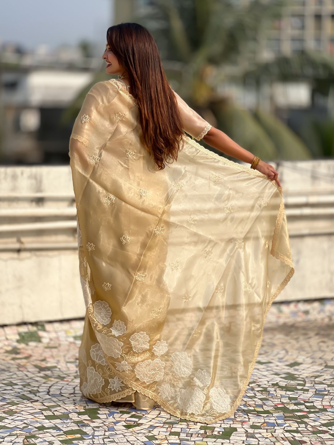 Yellow Soft Oris Silk with Patch Embroidery Work Designer Saree