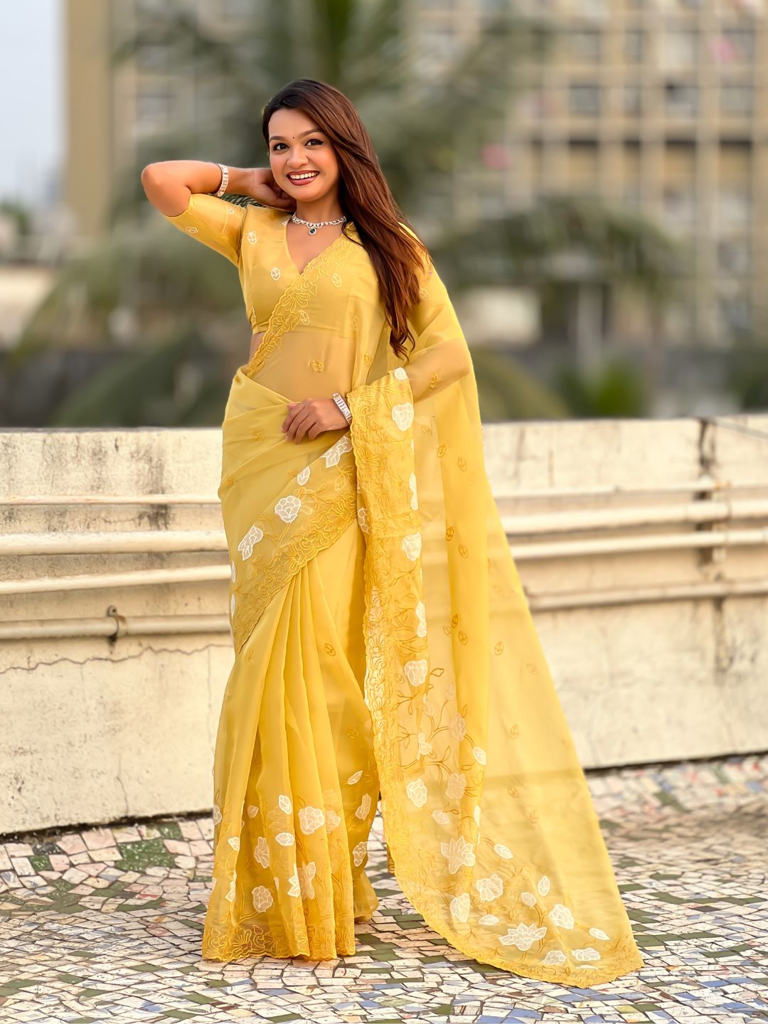 Yellow Soft Chanda Kora Silk with Floral Embroidery Designer Saree