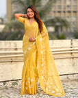 Yellow Soft Chanda Kora Silk with Floral Embroidery Designer Saree