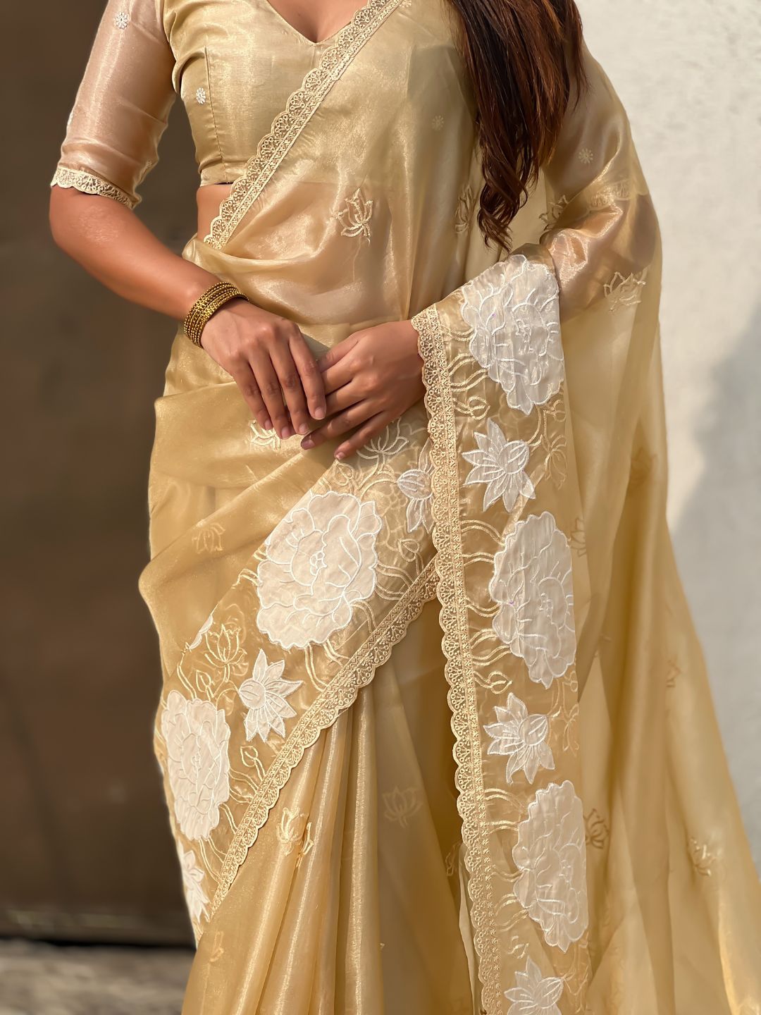 Yellow Soft Oris Silk with Patch Embroidery Work Designer Saree