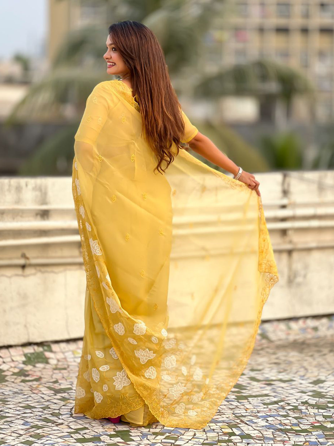 Yellow Soft Chanda Kora Silk with Floral Embroidery Designer Saree