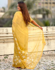 Yellow Soft Chanda Kora Silk with Floral Embroidery Designer Saree