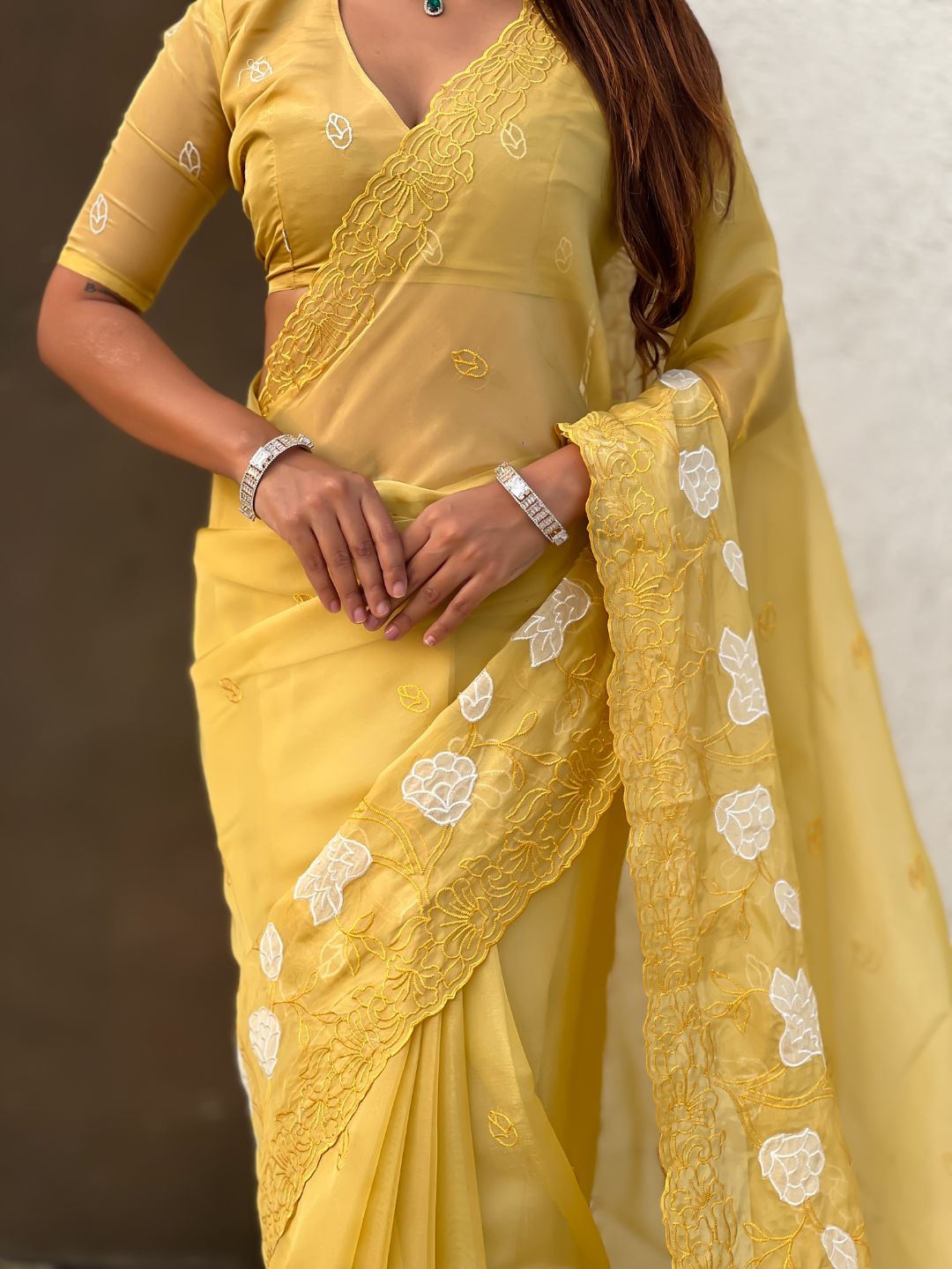Yellow Soft Chanda Kora Silk with Floral Embroidery Designer Saree