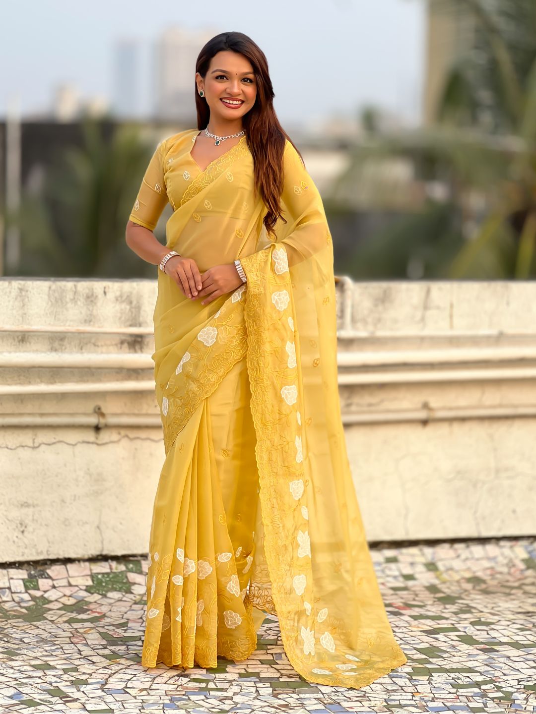 Yellow Soft Chanda Kora Silk with Floral Embroidery Designer Saree