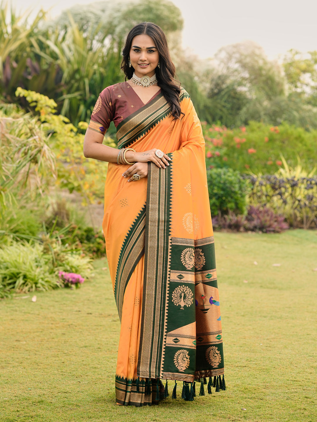 Mustard Yellow Soft Ikkal Silk Zari Woven Kolam Pattern Saree with Paithani Pallu