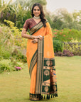 Mustard Yellow Soft Ikkal Silk Zari Woven Kolam Pattern Saree with Paithani Pallu
